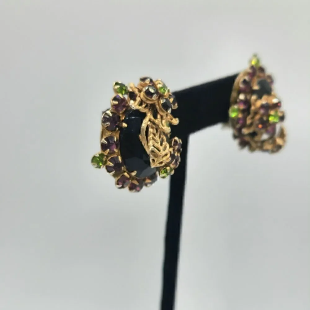 Vintage Gold Peridot Amethyst floral fillagree clip on earrings